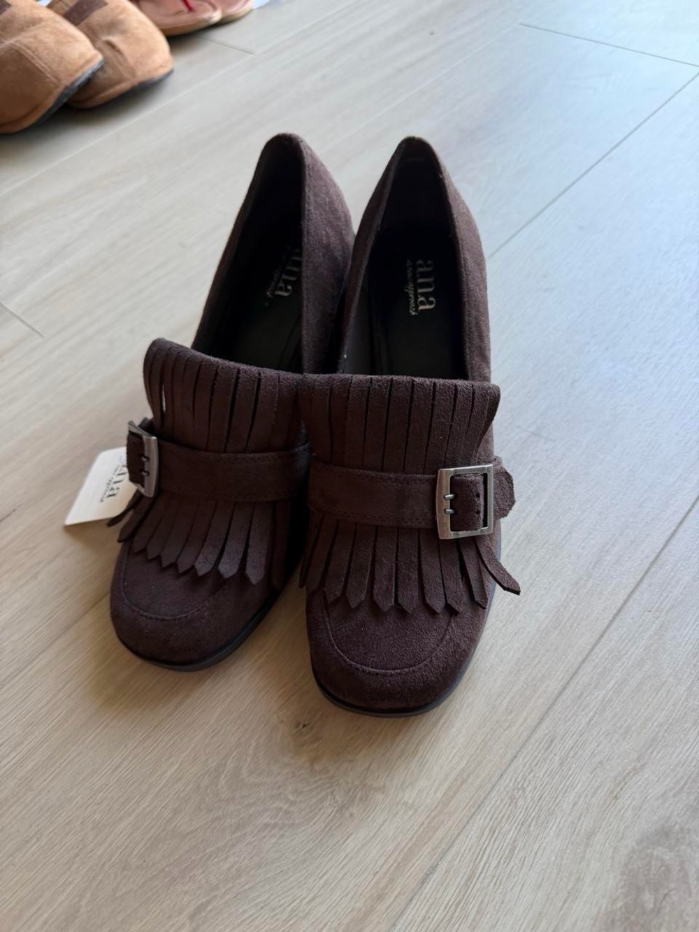 Anna Dark Brown Suede Fringe Buckle Mules